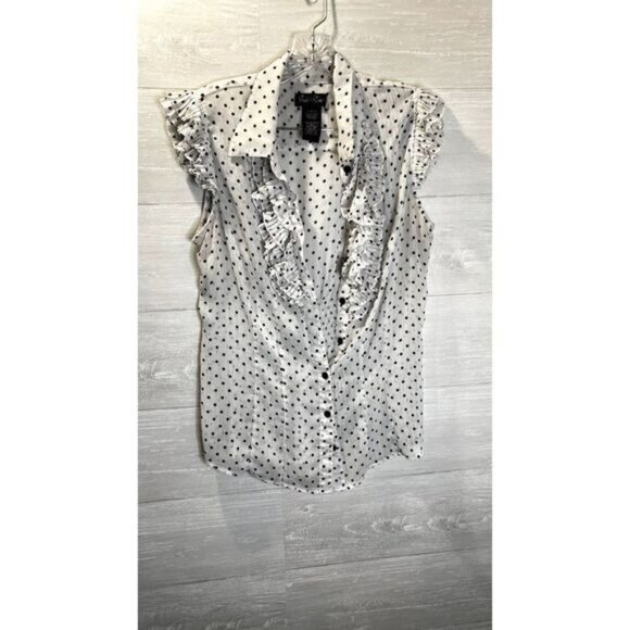 Susie Rose‎ Polkadot Button Up Womens Ruffle Sleeveless Semi-sheer Top - Picture 4 of 11